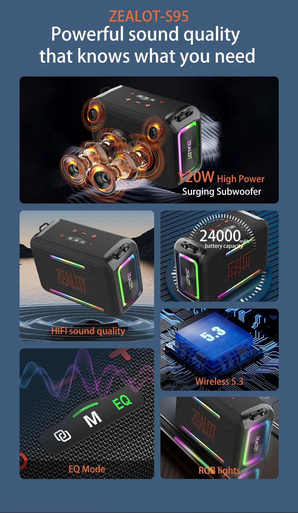 ZEALOT S95 120W Portable Bluetooth Speaker High Volume Waterproof 24000mAh Wireless TWS Subwoofer Suporrt USB/TF/AUX RGB Light.