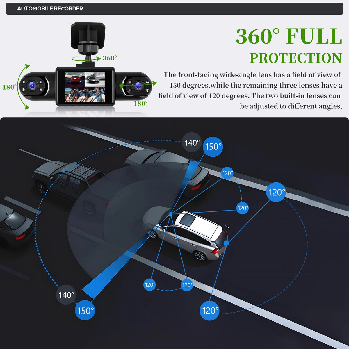 Podofo 2inch 1080P Car Dash Cam with Four High-Definition Cameras, Including 480P Left Interior, Right Interior, and Rear Cameras Loop Recording Add Hardwire Kit Car Accessories Black Box Driving Assistance Camera