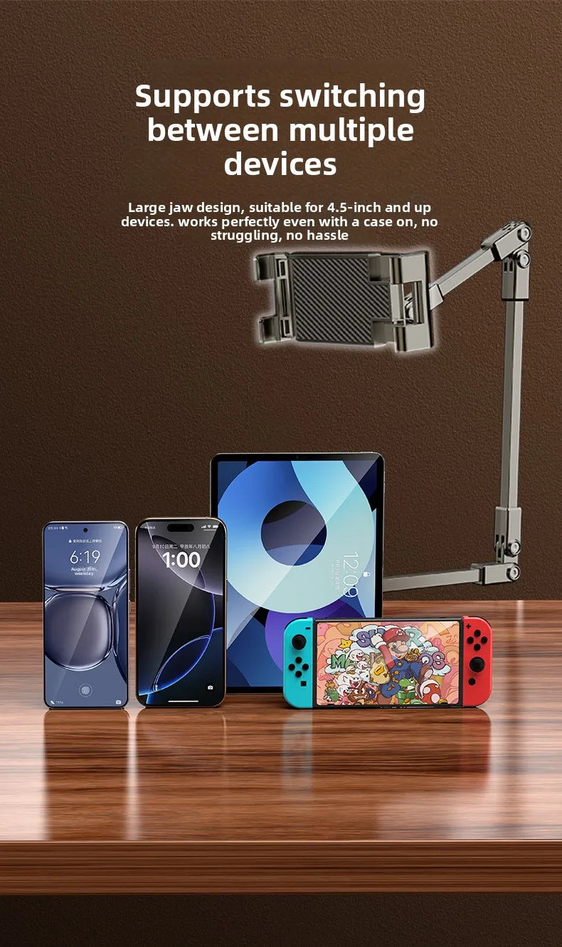 All-metal cantilever lazy overhead phone holder for desktop live streaming, bedside adjustable tablet for iPad bracket