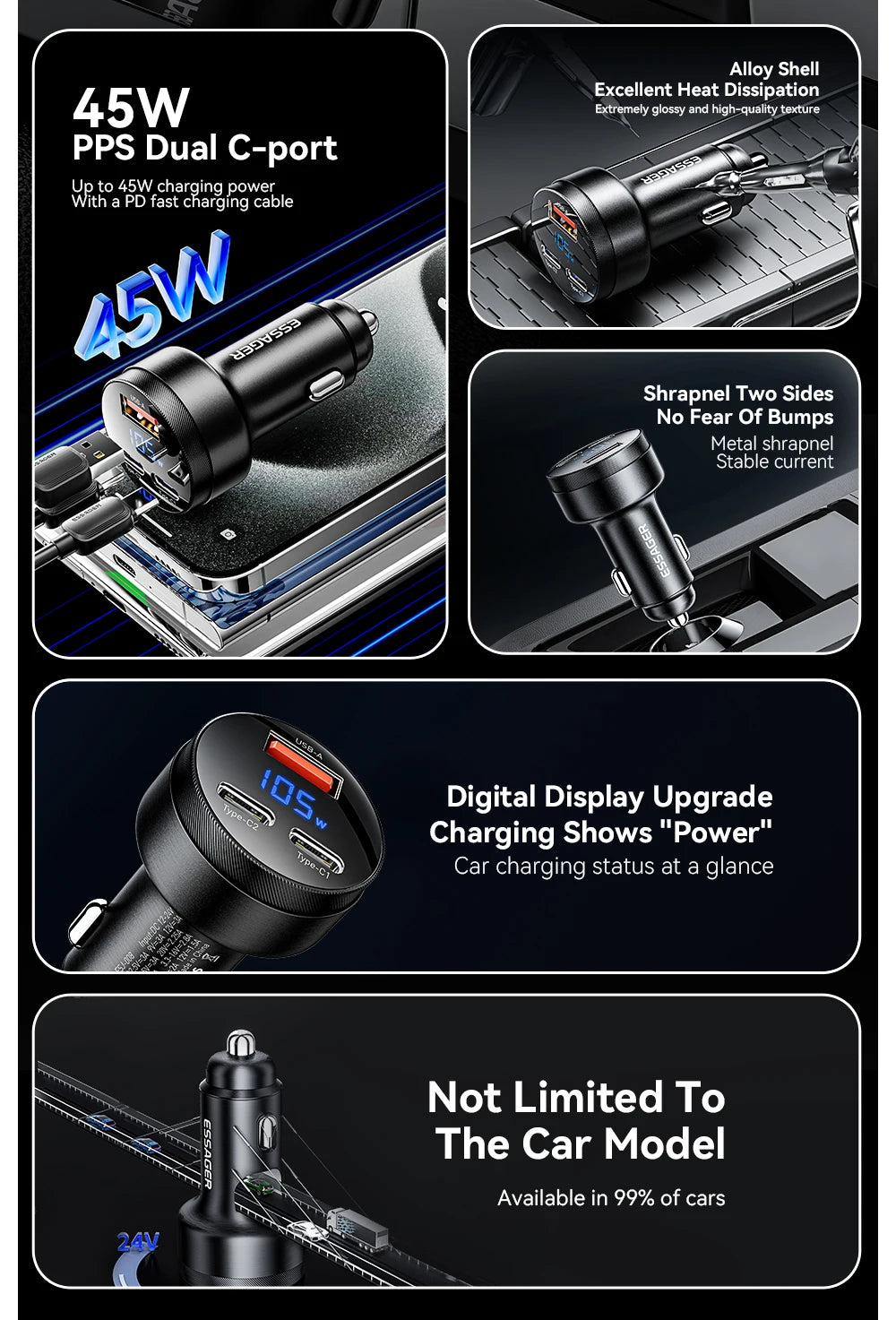 Essager USB C Car Charger 105W Quick Charge PD3.0 QC4.0 3.0 SCP PPS USB Type C Fast Charging For iPhone 15 14 13 Samsung Xiaomi