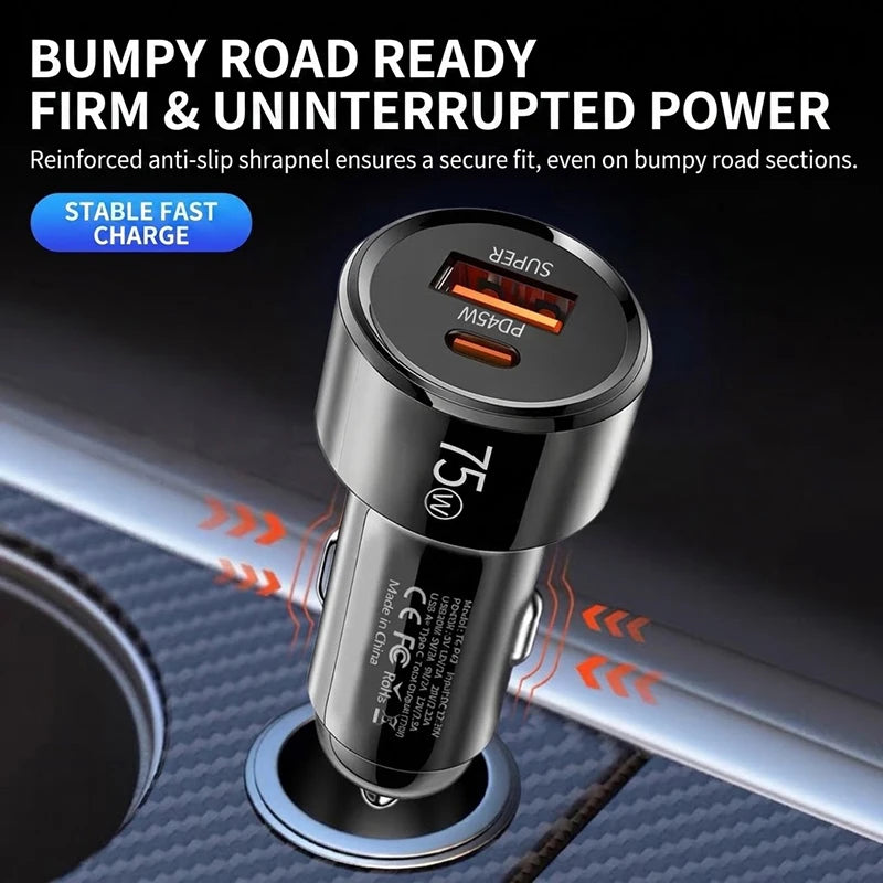 Dual Port 75W Vehicle Charger PD 45W QC 30W Fast Charging Auto Adapter Intelligent Chip Multiple Protections For Cars For iPhone