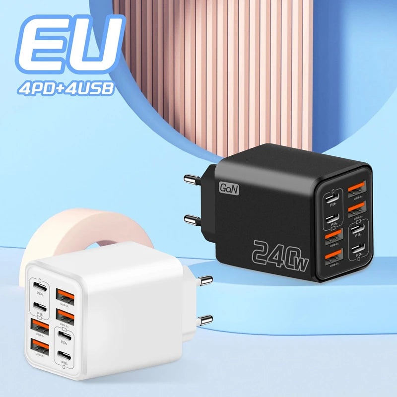 240W GaN USB C Charger 8 in 1 Fast Charging Phone Charger Power Adapter For iPhone Xiaomi Type C EU/US/UK Plug Wall Charger 2026