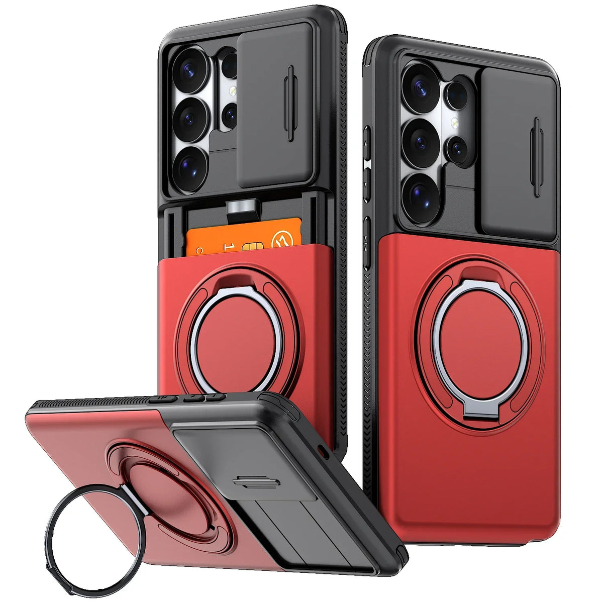Armor Case For Samsung Galaxy S26 S25 S24 Ultra FE + Plus S25FE S26FE 5G Slide Camera Protect Ring Holder With Card Cover Funda