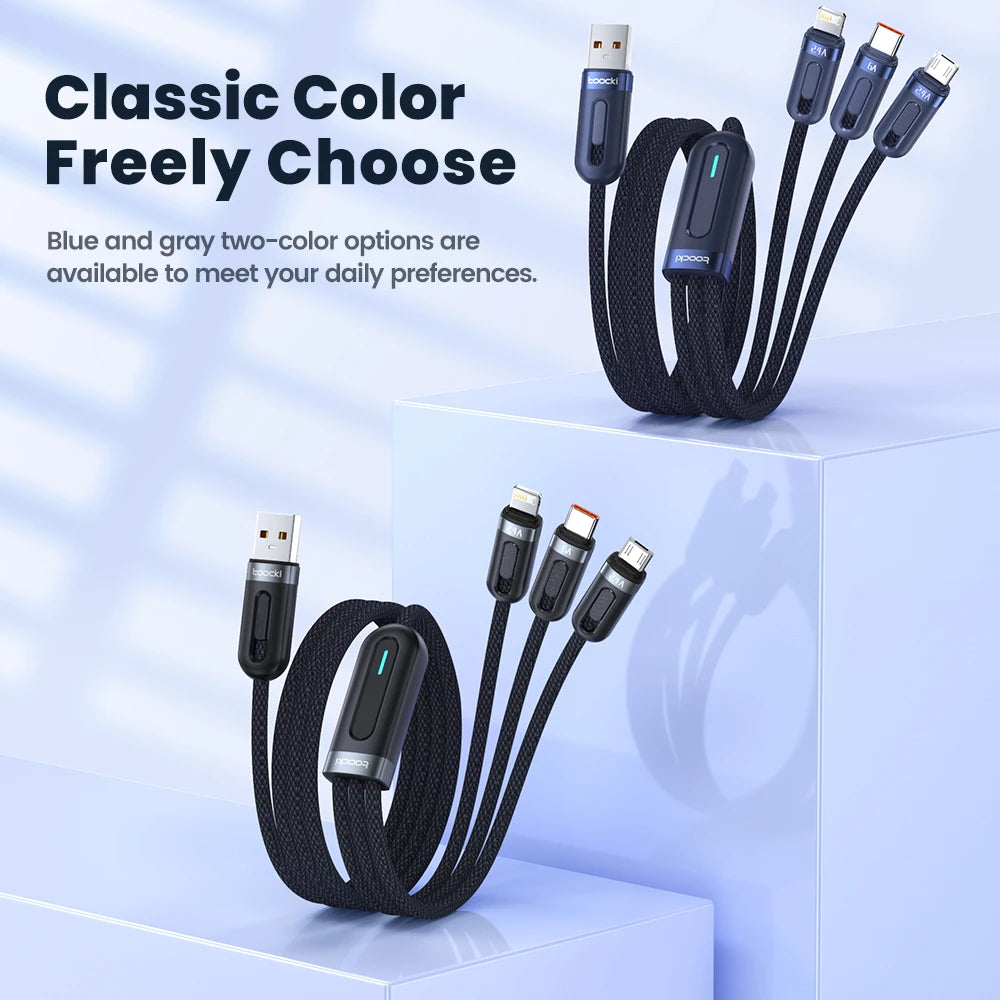 Toocki 3 in 1 USB C Cable 6A Fast Charge for Huawei Honor Micro USB Lightning Charger Cord for iPhone 14 Samsung Xiaomi Oneplus
