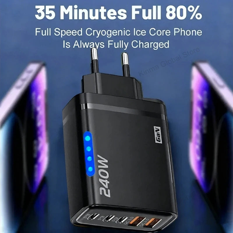240W GaN Desktop Charger 5 in 1 USB Type-C Charger 120W Type To TypeC Cable Fast Charging Wall Charger For IPhone Xiaomi