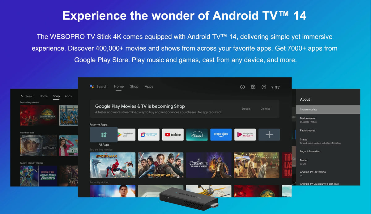 WESOPRO Android 14 TV Stick G2 Lite Smart IPTV Media Player 1GB RAM 8GB ROM Dual-band 2.4GHz/5.0GHz Wifi6 4K 30fps Fire Mi Stick