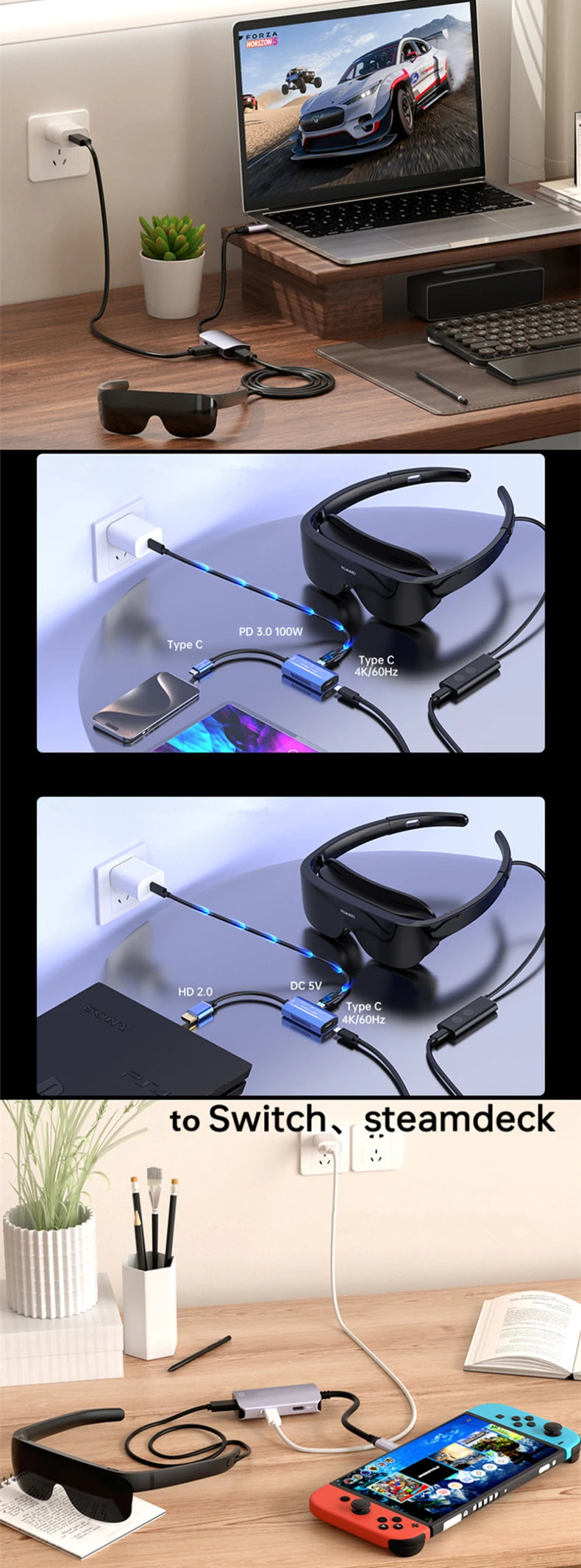 AR Glasses Hub Seamless Multi-Device Type-C HDMI-compatible Charging Adapter for Xreal Beam Viture Rokid Station Rayneo XR USB-C
