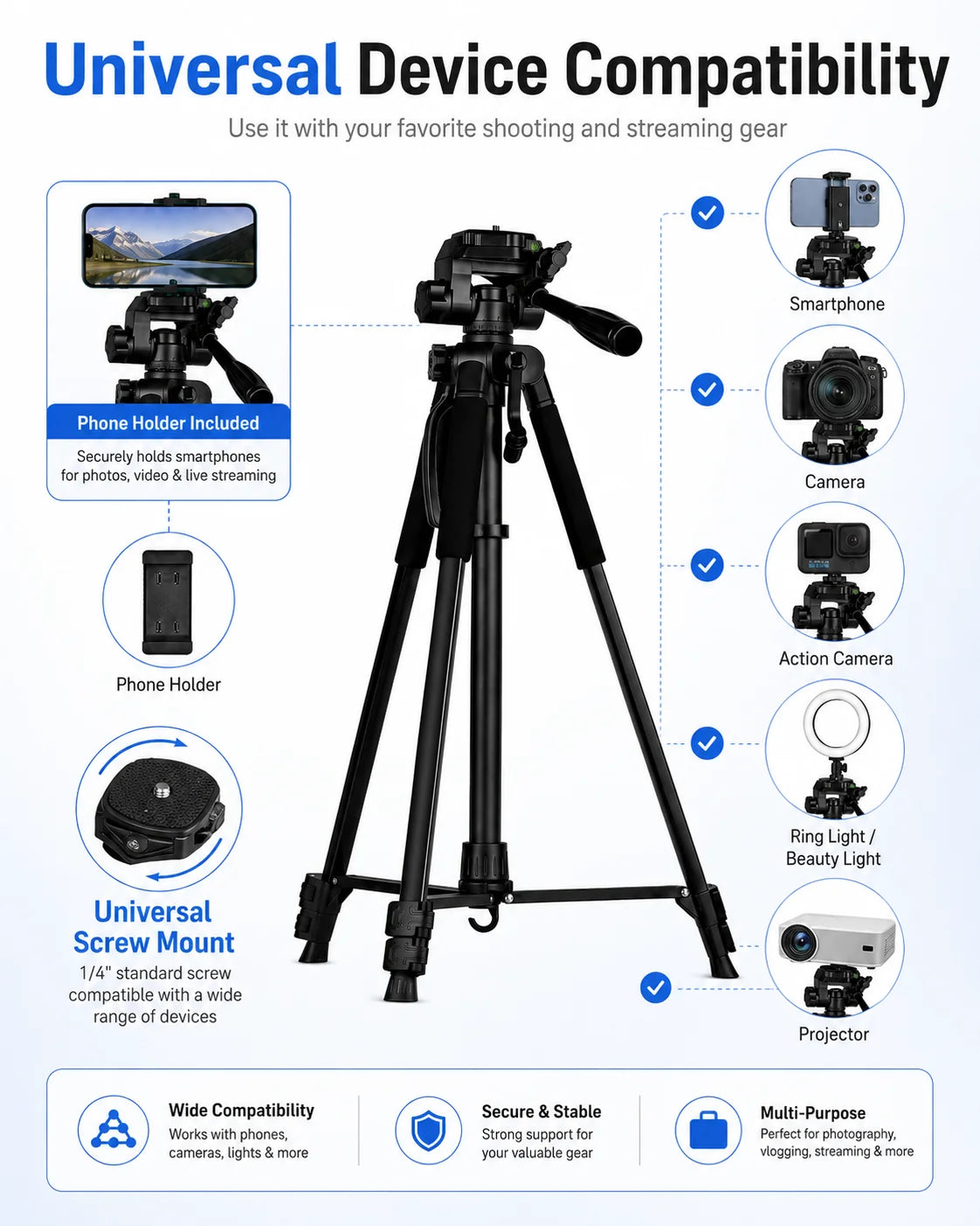 360° Camera Tripod Stand, Portable Photography Tripod for Phone, Telescope, Projector, Action Camera, Selfie, Live Streaming & V