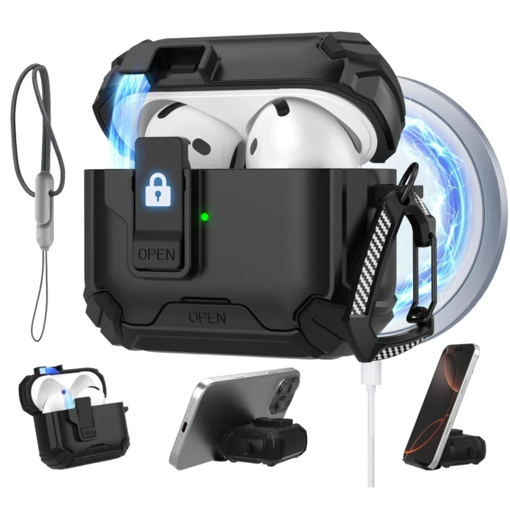 for AirPods 4/for AirPods Pro 3 Case Automatic Lock with MagSafe Phone Bracket Protective Case with Lanyard For AirPods Pro2/Pro