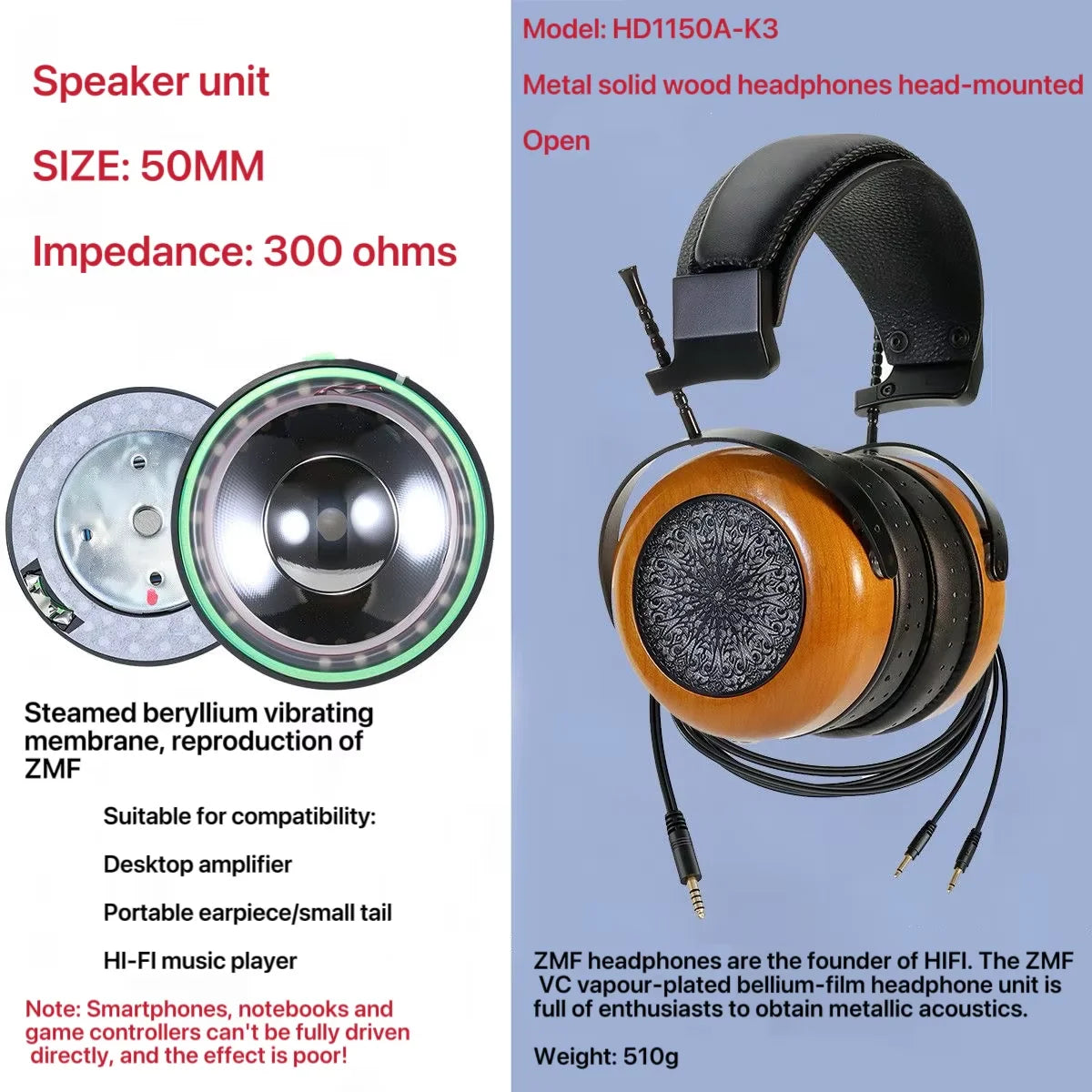 Closed-back Music Analysis Over-ear Headphones with 50mm Bio-diaphragm Monitoring Headsets