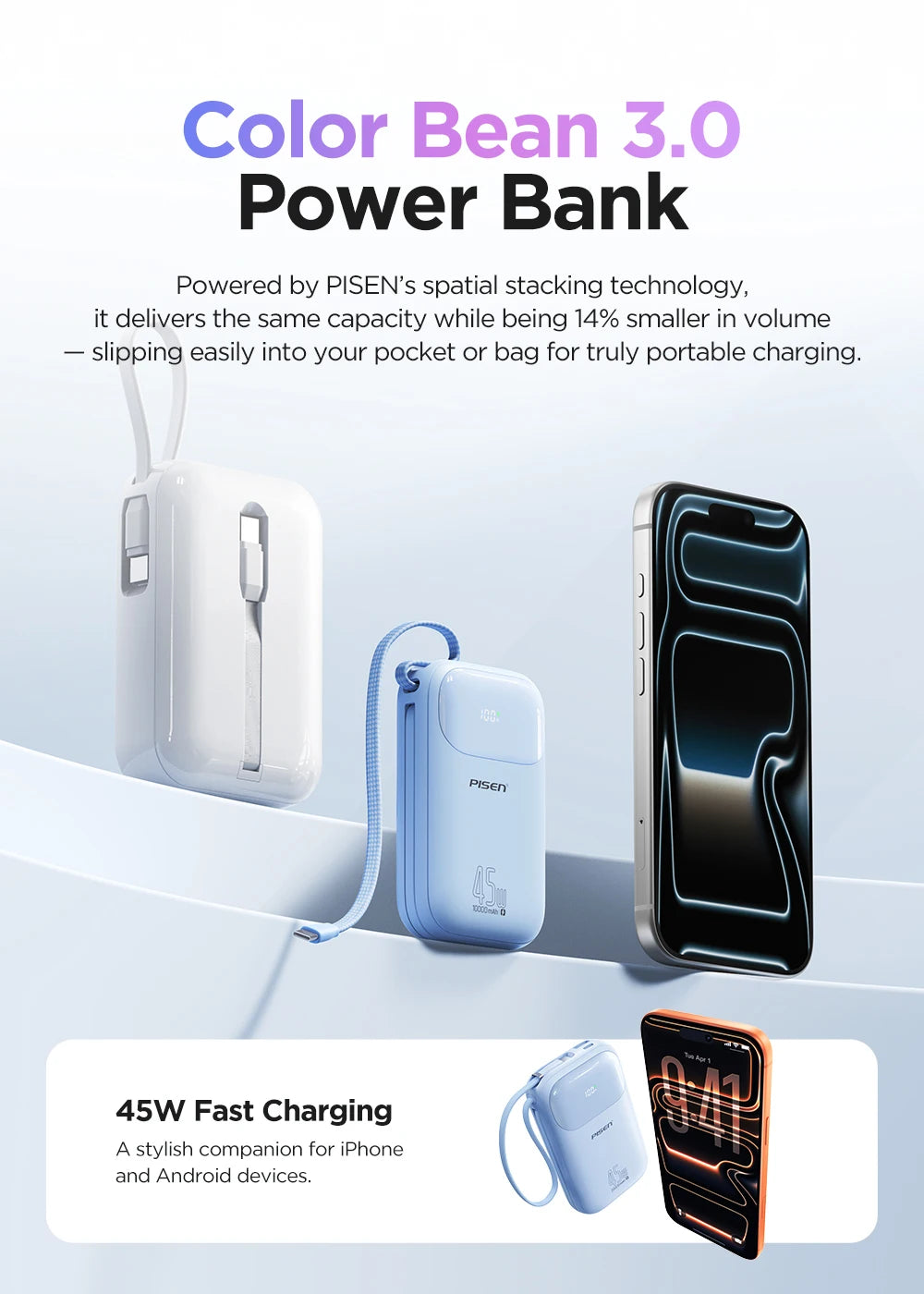 PISEN 45W Fast Charging Power Bank Built-in Dual USB-C Cable 10000mAh/ 20000mAh Mini Portable Powerbank For iPhone 17 Xiaomi