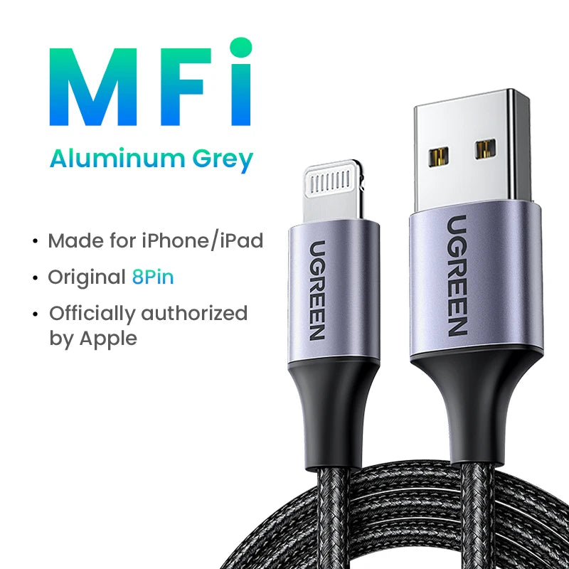 UGREEN MFi For USB Lightning Cable Charger For APPLE iPad iPhone 14 13 11 8 12W Fast charging data Braided short long Carplay 2m