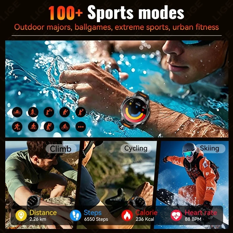 LIGE New 1400mAh Battery Smart Watch Men BT Call Waterproof Heart Rate Monitor Flashlight & SOS Red Light Sports Smartwatch Men
