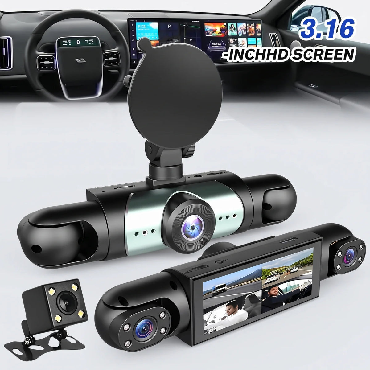 Car Dash Cam 4 Channel 3.16 Inch Screen Four Way Recording Front Left Right Rear Camera With 64G TF Card 1080P Front Dashcam 150 Degree Wide Angle Loop Recording Motion Detection Multi Language Vehicle Driving Recorder For Ca