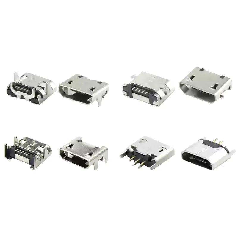 10PCS Micro USB Android Female Charging Socket, Flat Edge Crimped Type, 5Pin, 4 Mounting Pins, SMD & DIP Tail Connector