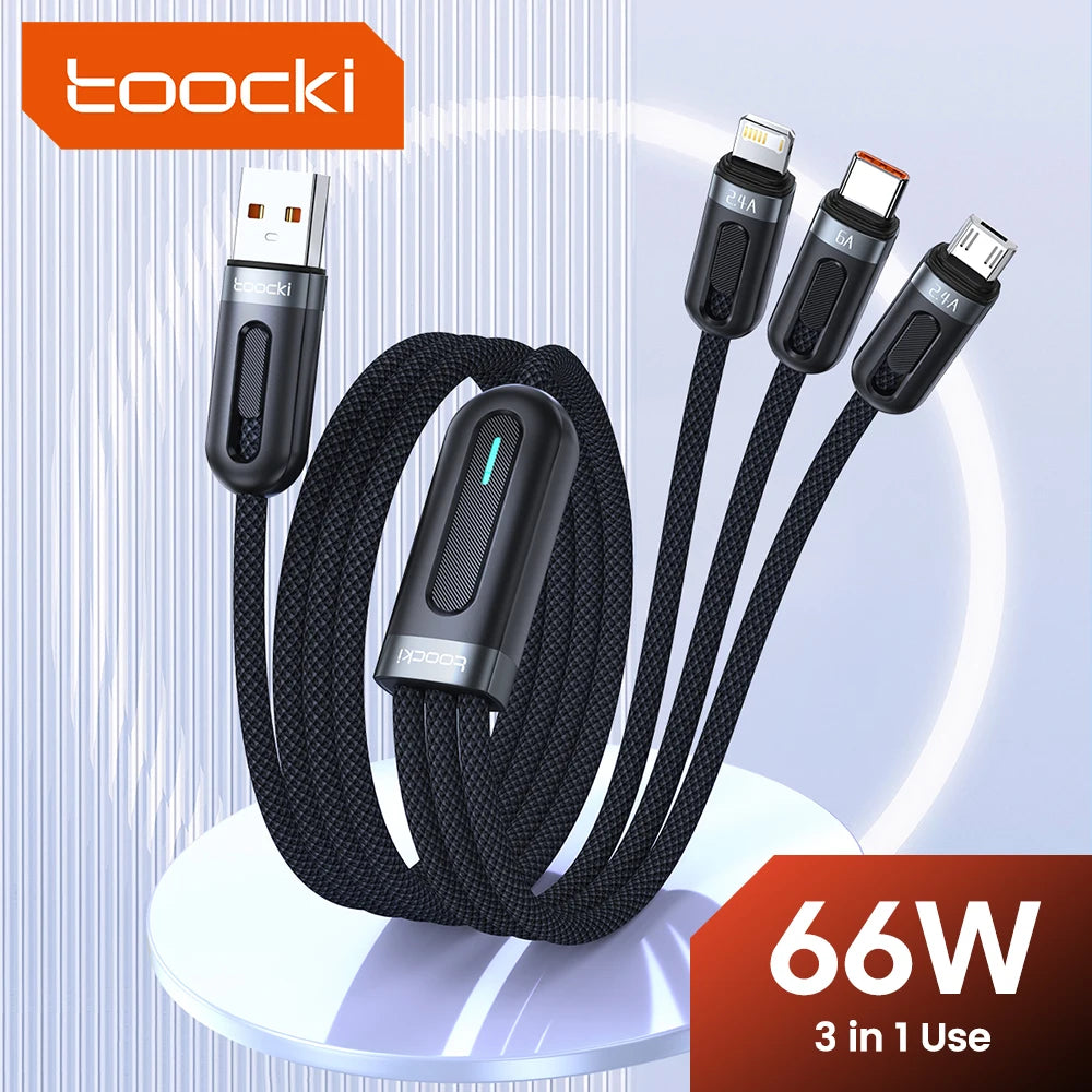 Toocki 3 in 1 USB C Cable 6A Fast Charge for Huawei Honor Micro USB Lightning Charger Cord for iPhone 14 Samsung Xiaomi Oneplus