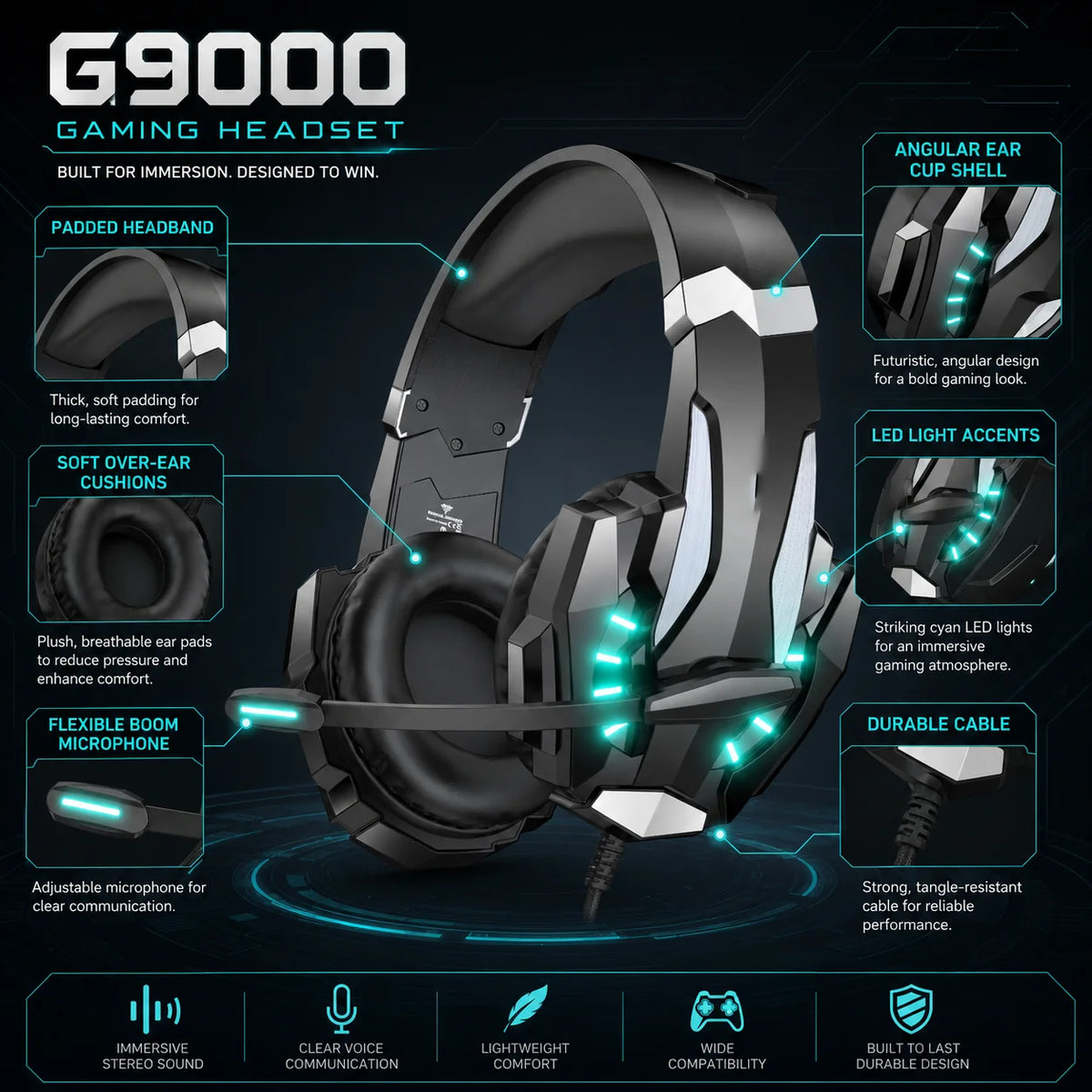 Gaming Headset Wired Headphones with Microphone Over Ear Stereo Bass LED Light Gamer Earphones for PC PS4 PS5 Xbox G9000