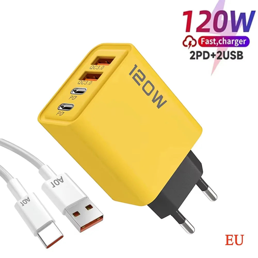 120W PD USB Charger Fast Charging Type C Mobile Phone Adapter For iPhone Samsung Quick Charge 3.0 EU Plug Wall Charger
