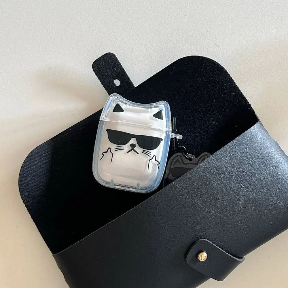 Cute Cartoon Sunglasses Cat Earphone Case For Airpods Pro 2 Bluetooth Headphone Cover For AirPods 4 3 2 Protective Case Keychin