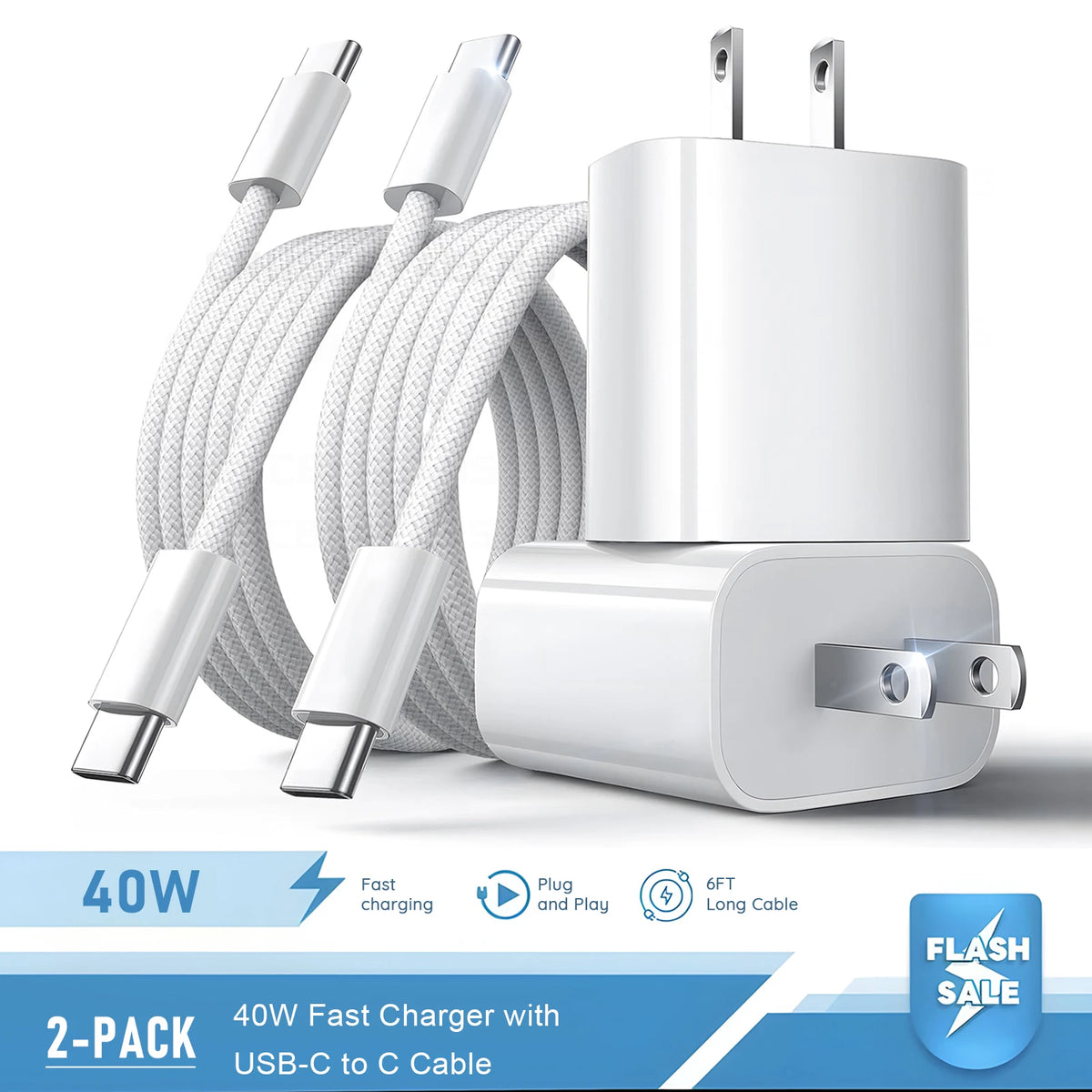 2 Set 40W PD USB C Fast Charger With 6FT Type C Cable Wall Charger Adapter Block Set For iPhone 17 17 Air 16 15 Pro Max iPad
