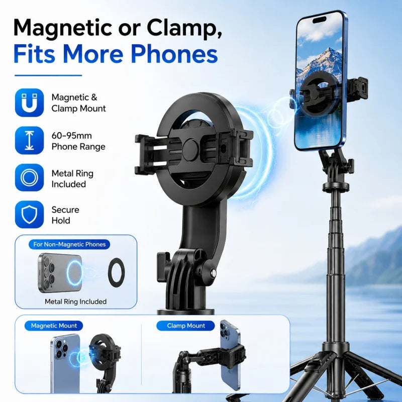 P135 Magnetic Bluetooth Selfie Stick Tripod, Universal Phone Floor Stand with 4-Leg Stable Base, Wireless Remote Photo Shooting,