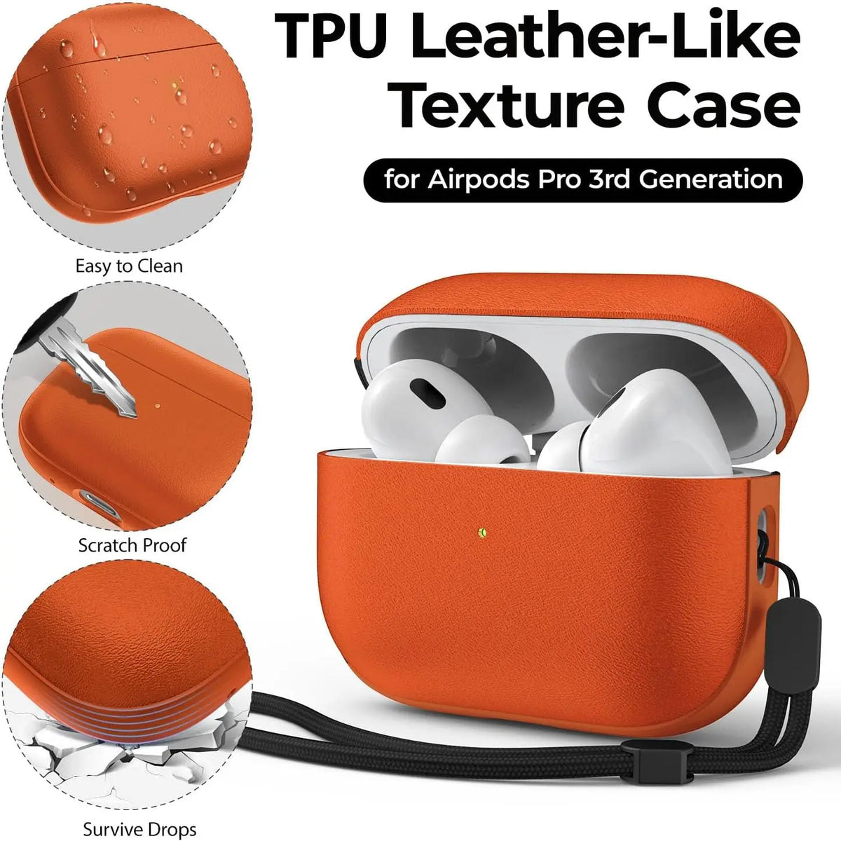 For AirPods Pro 3 Leather Pattern TPU Case Cover Accessories Cute Skin Full Protector Cover with Keychain for AirPods Pro 3 Case