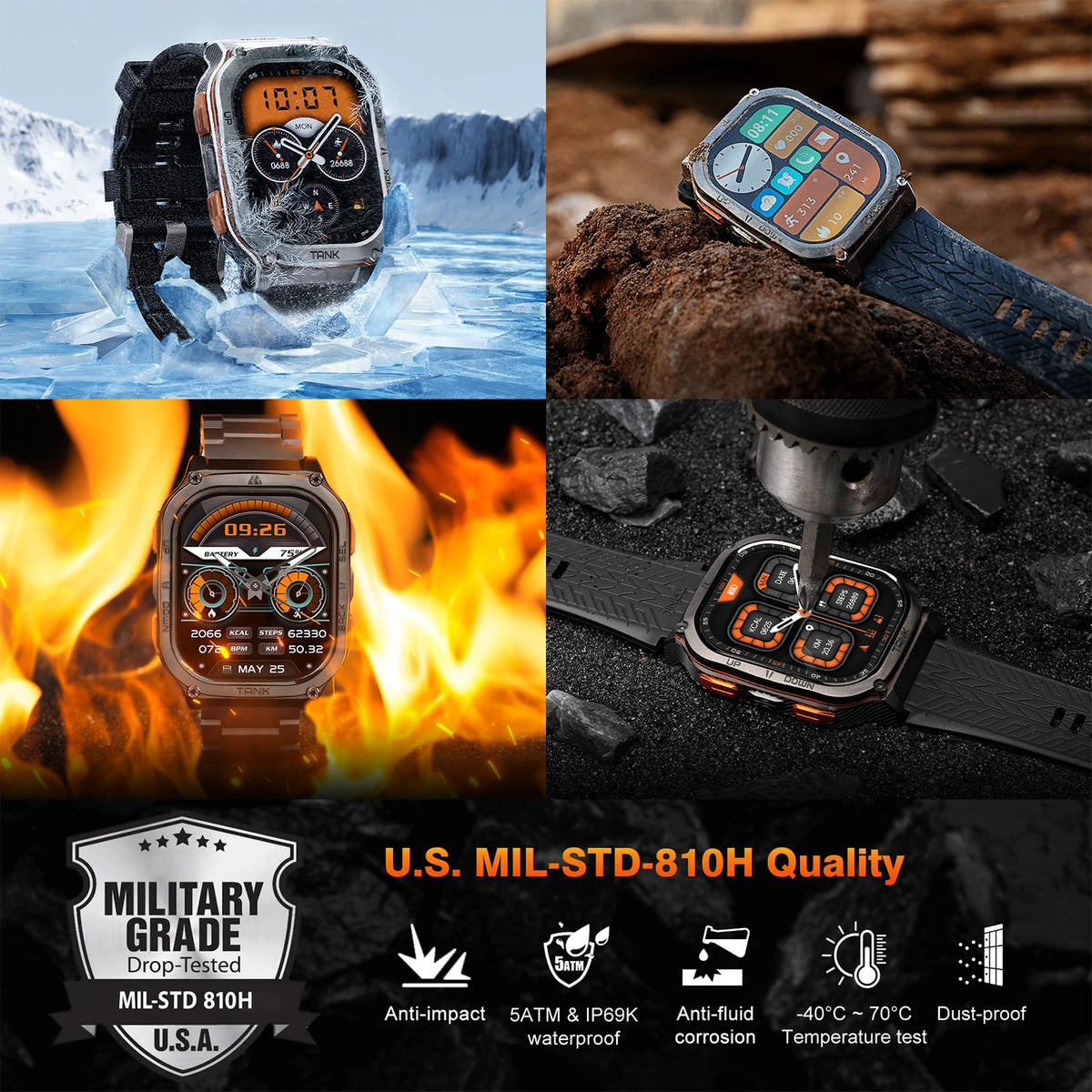 KOSPET TANK M3 Ultra GPS Smart Watch Men Military Grade Compass Altimeter Barometric 480mAh 60Day Battery IP69K 5ATM Waterproof