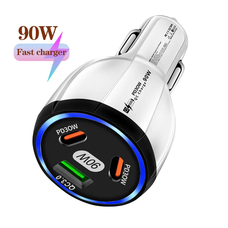 90W 3 Port Car Charger Super Fast Charger QC3.0 PD30W PPS High-Power Cigarette Lighter Fast Charger for iPhone/Huawei/Samsung
