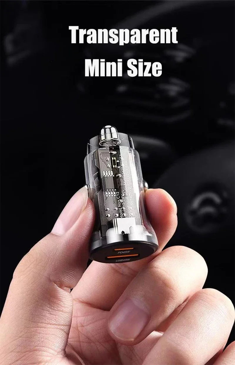 Transparent USB C Car Phone Charger PD 30W Super Fast Charge Adapter for iPhone 15 Pro Max 14 iPad Samsung Oppo Huawei Vivo