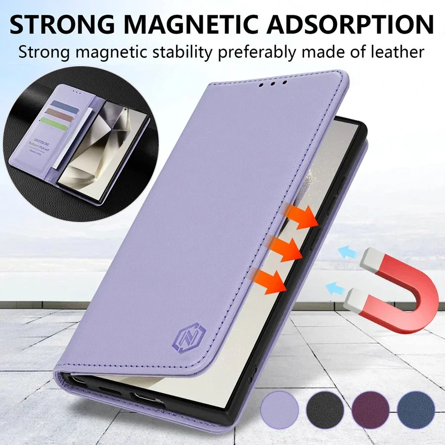 Wallet Skin Friendly Magnetic Slot Flip Leather Case For Samsung Galaxy S26 Ultra S25 Edge S24 FE S23 Plus S22 S21 S20FE S10+