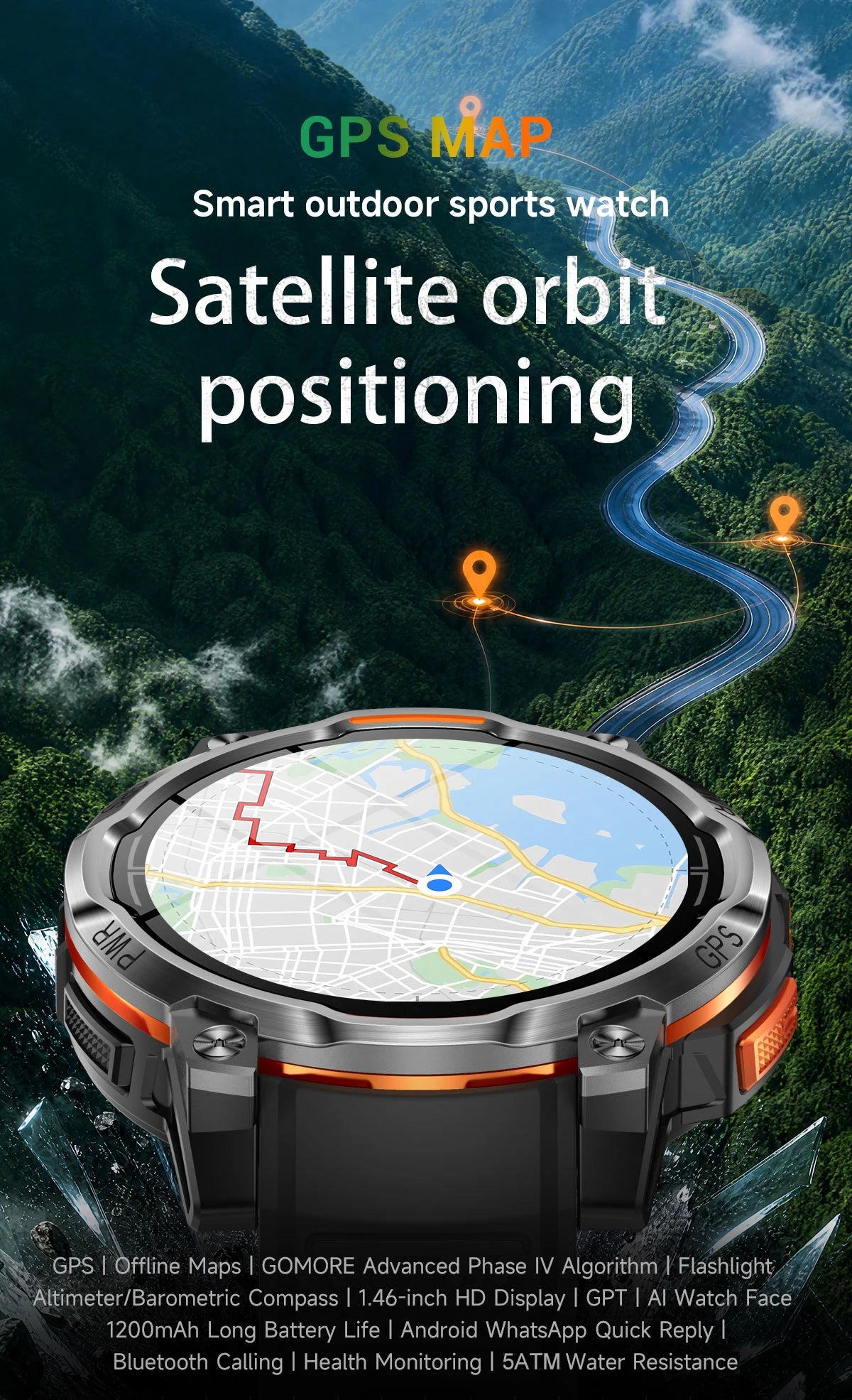 New Technology 2026 Offline Map GPS Smart Watch Men 1200mAh Battery Waterproof Compass Altimeter 100+Sports Military Smart Watch