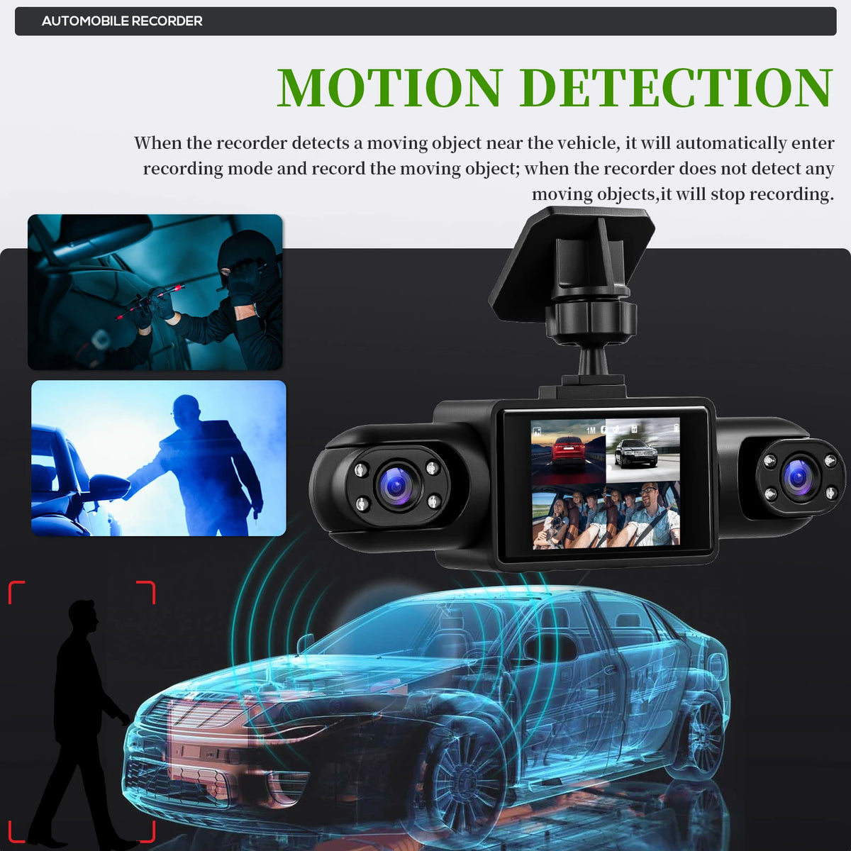 Podofo 2inch 1080P Car Dash Cam with Four High-Definition Cameras, Including 480P Left Interior, Right Interior, and Rear Cameras Loop Recording Add Hardwire Kit Car Accessories Black Box Driving Assistance Camera