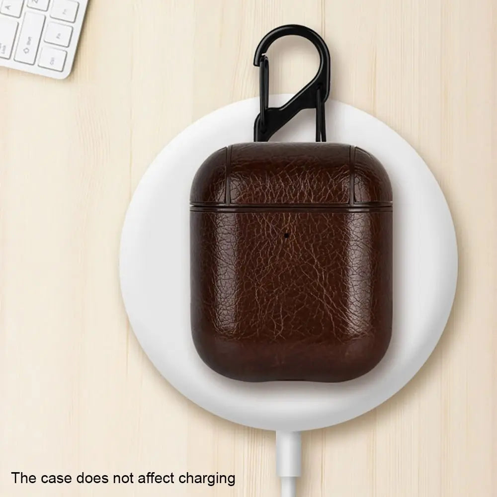 PU Leather Earphone Case for AirPods 1/2 Gen Earbuds Cover Wireless Headphone Protective Shell with Carabiner