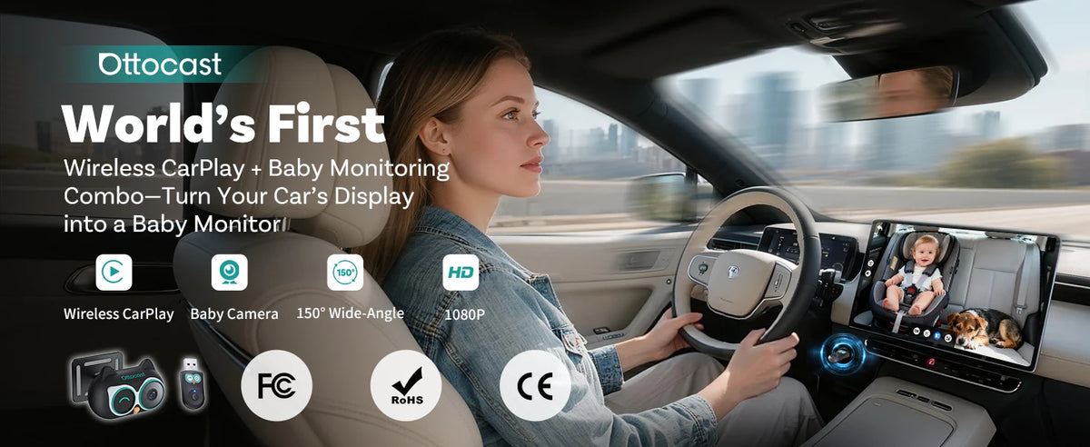 OTTOCAST Cabin Care Baby Car Camera Wireless Carplay Adapter 1080P 150° Wide Angle Night Vision Back‑Seat Monitor Easy Install