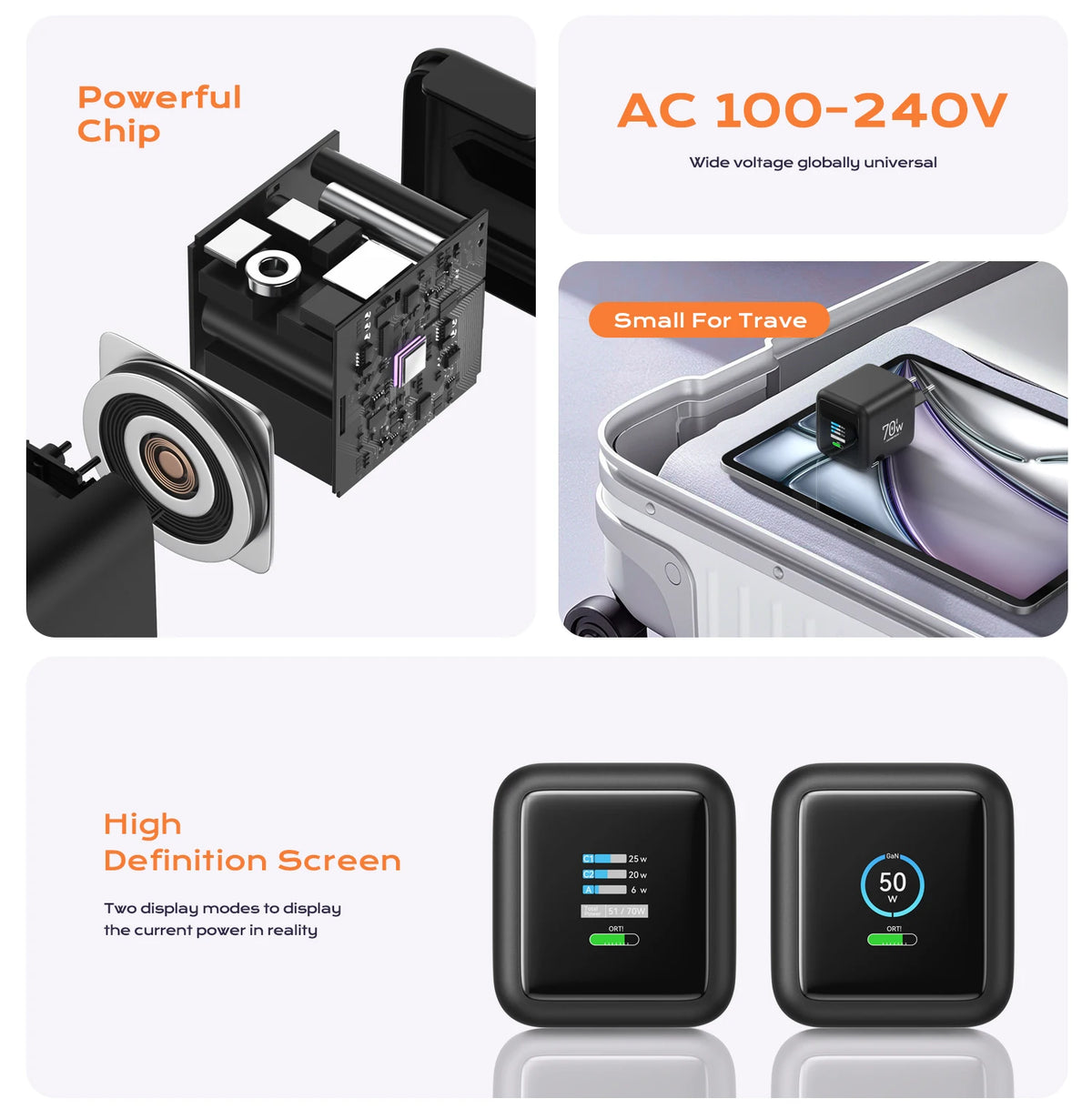 70W GaN Fast Charger with Type-C Retractable Cable 3 IN 1 PD3.0 QC4.0 PPS Fast Charging for IPhone 16 15 14 Xiaomi Tablet Laptop