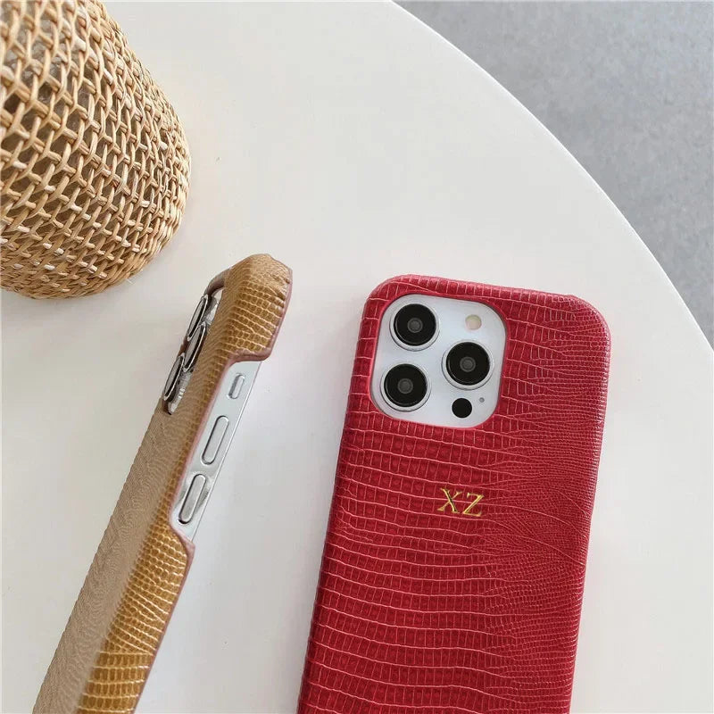 Personalise Gold Silver Initials Letters Leather Case For Iphone 15 12 14 13 16 17Pro Max 14 16 Plus Luxury Lizard PU Hard Cover