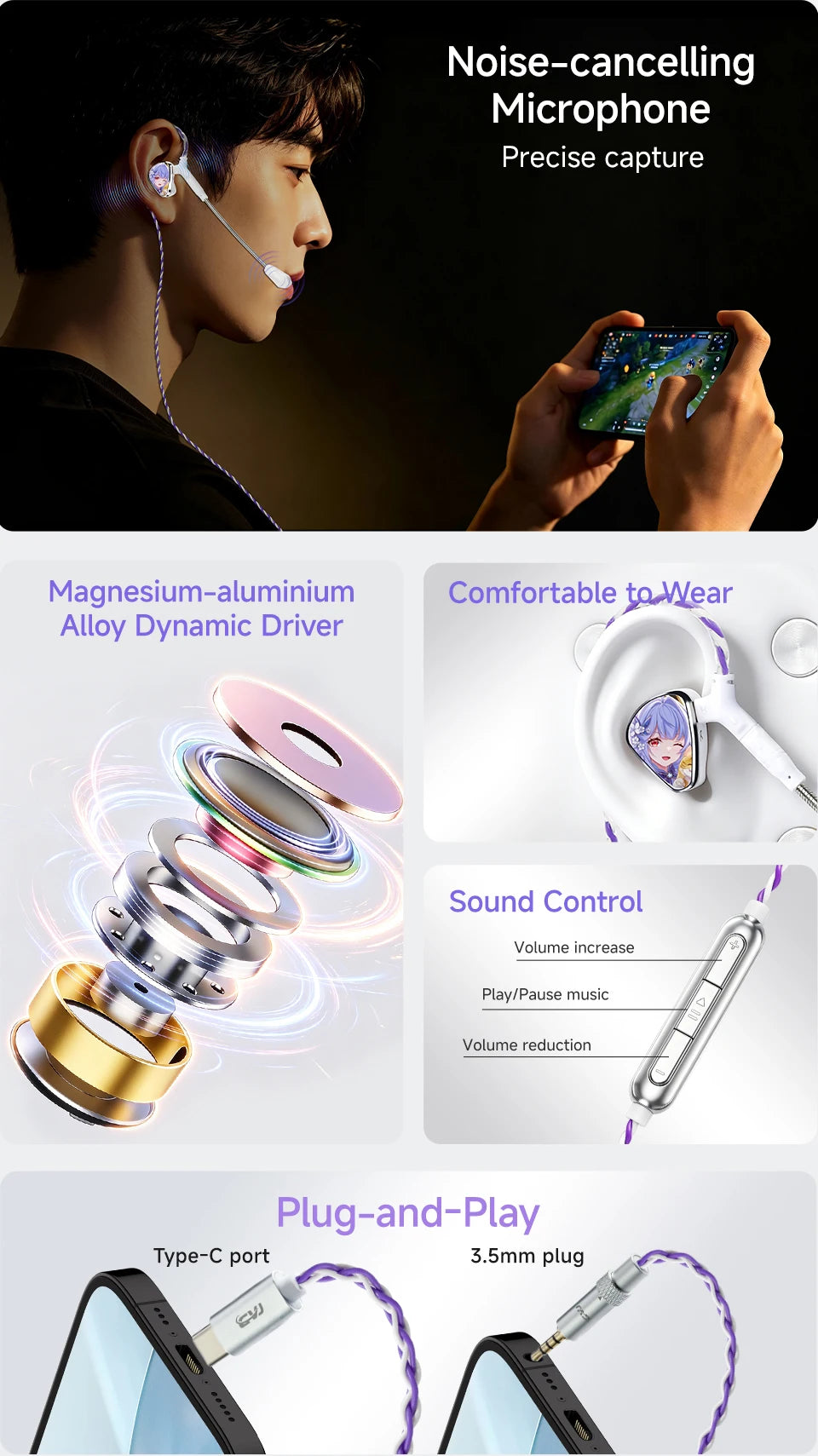 CVJ JEMINE Gaming Earphones 1DD+1BA Hybrid Driver Wired Earbuds Detachable Faceplate HiFi In-Ear Monitor Gaming Music Dual Style