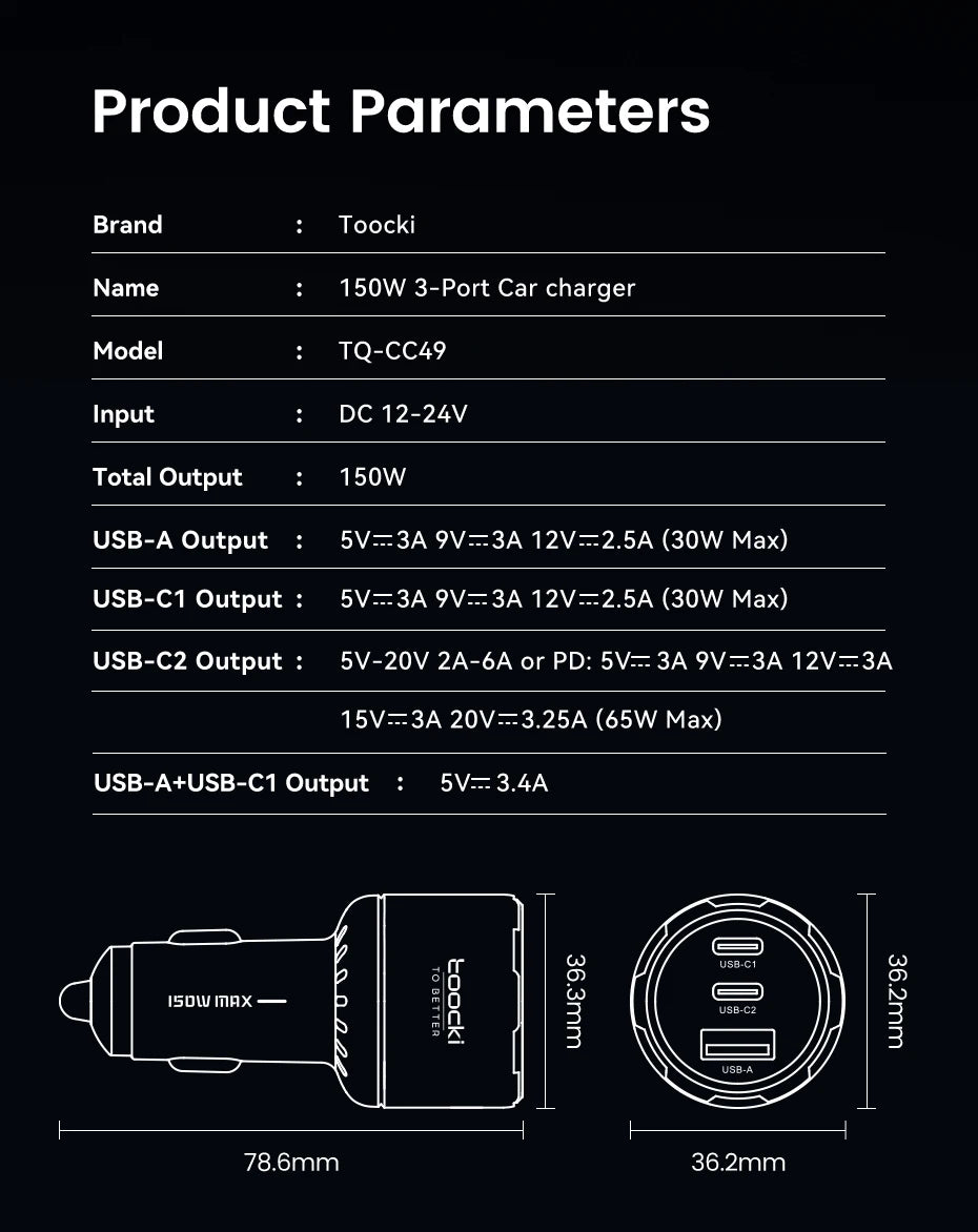 Toocki 150W USB C Car Charger PD3.0 PPS SFC3.0 for iPhone 17 Samsung S26 Ultra Xiaomi Huawei Fast USB Type C Car Phone Charger