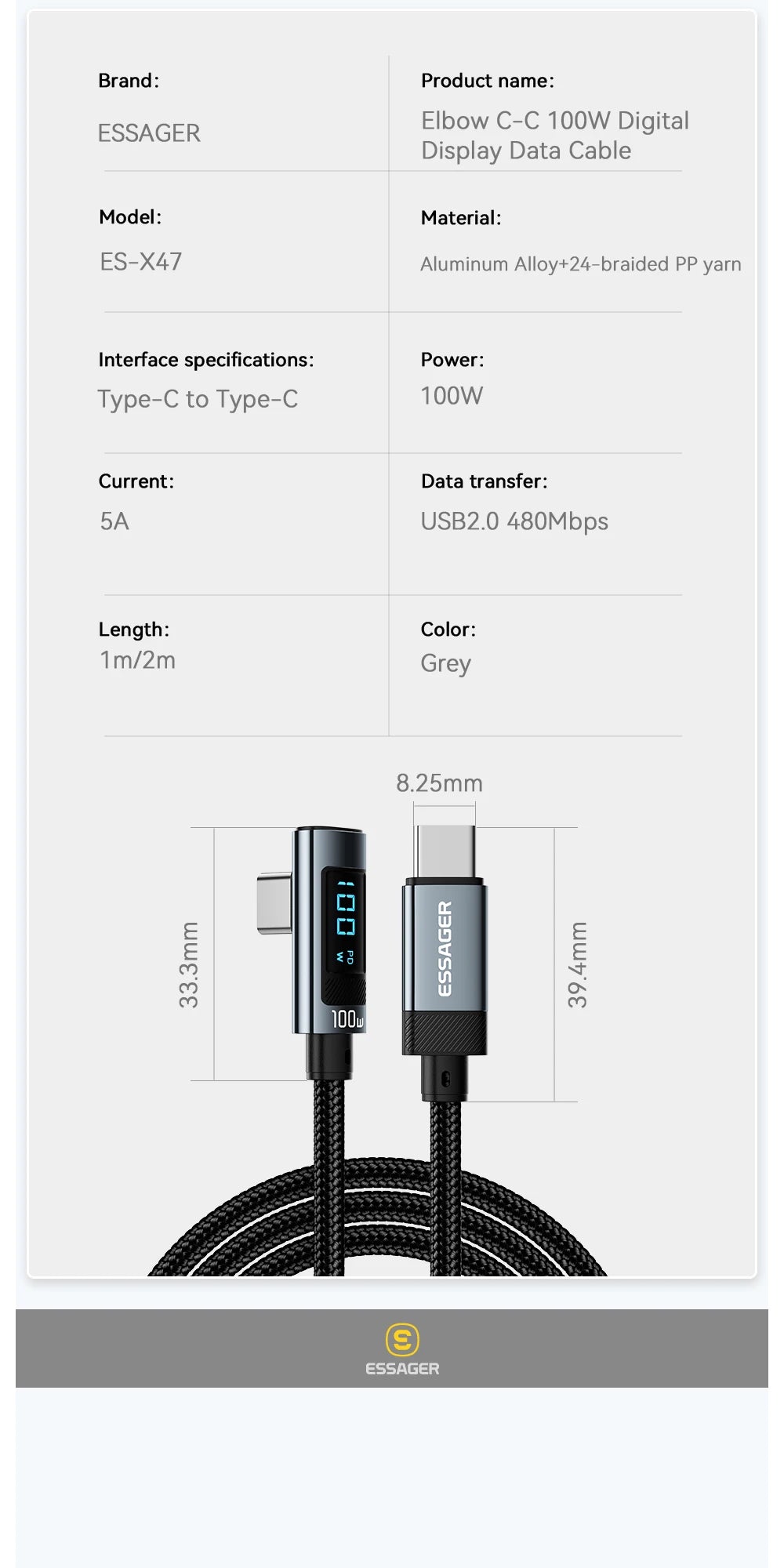 Essager PD100W USB Type C Cable 90 Degree 5A Fasting Charing For iPhone Xiaomi Samsung Huawei Laptops LED Digital Display Cable