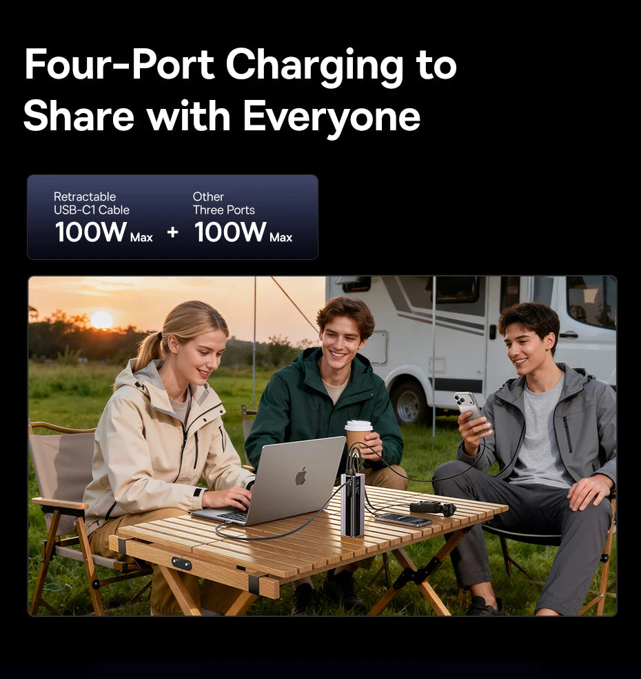 Baseus 200W 25000mAh Power Bank Dual Retractable USB-C Cables 4-Device Fast Charge Portable External Battery Charger For Laptop