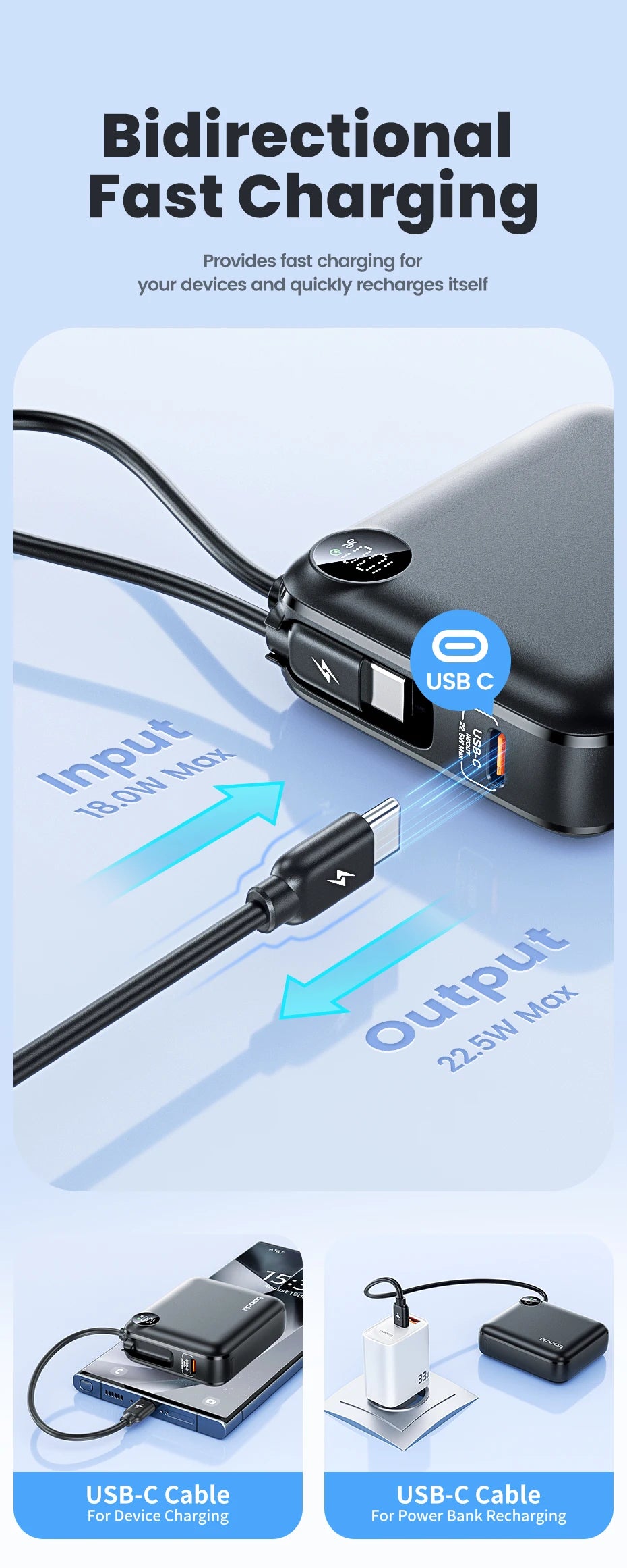 Toocki Portable PowerBank Built-in USB C Cable 10000/20000mAh PD 22.5W Fast Charging Power Bank for iPhone 16 15 14 13 Samsung