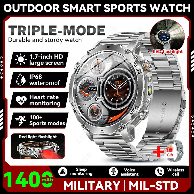 LIGE TANK Ultra 1400mAh Battery Military Smart Watch 10ATM Waterproof Heart Rate Flashlight Sports Bracelet Smartwatch Men Lady