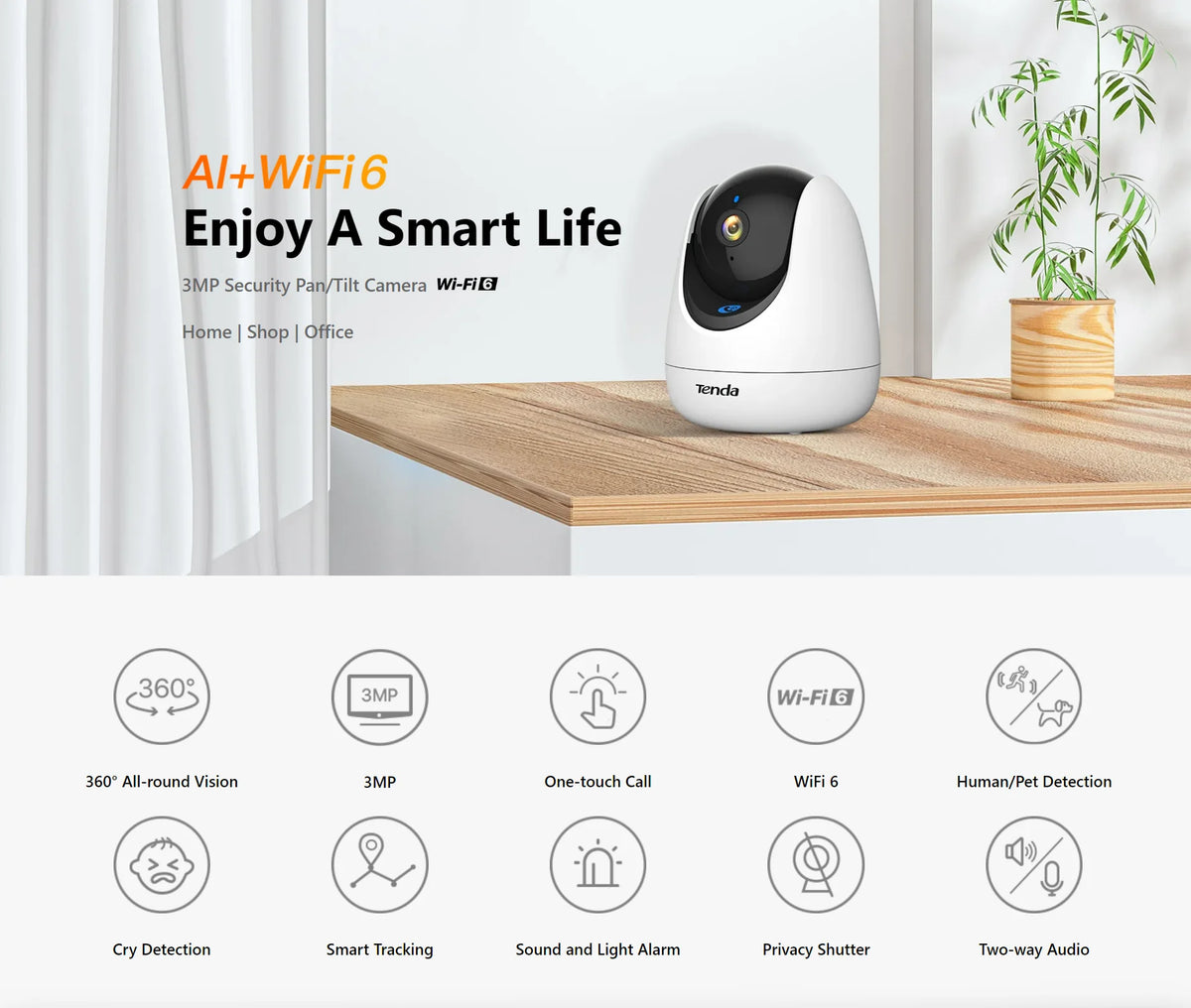 Tenda 2K Indoor Camera WiFi6 Wireless Cameras for Home Security One-Touch Calling Human/Pet/Baby Crying Detection Night Vision