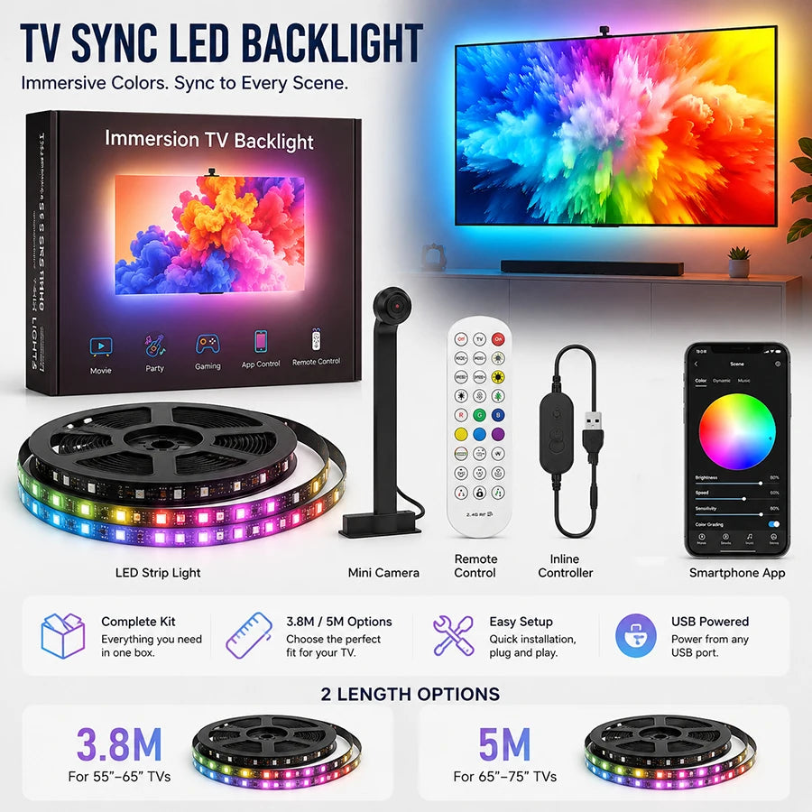 TV Sync LED Backlight with Mnini Camera, RGBIC Strip Light, Bluetooth APP & Remote Control, Music Sync, 3.8M/5M USB Lamp Tape