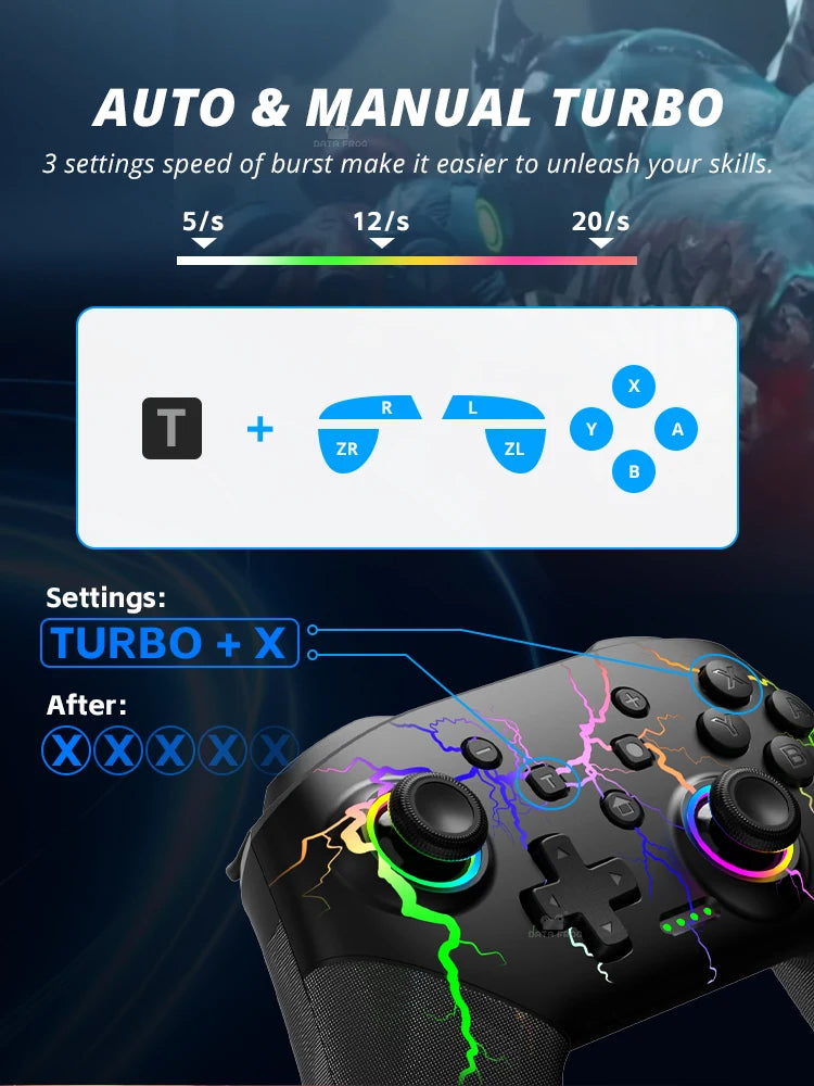 DATA FROG Wireless Controller For Switch OLED Console Pro Gamepad with Rechargeable Battery Programmable Turbo RGB Light