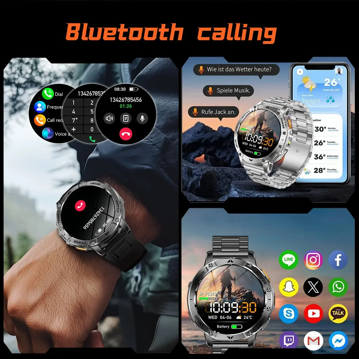 Ultra Large 1400mAh Battery Sport Smartwatch 1.7” Heart Rate Tactical Strong Flashlight 5ATM Waterproof Call Smart Watch For Men