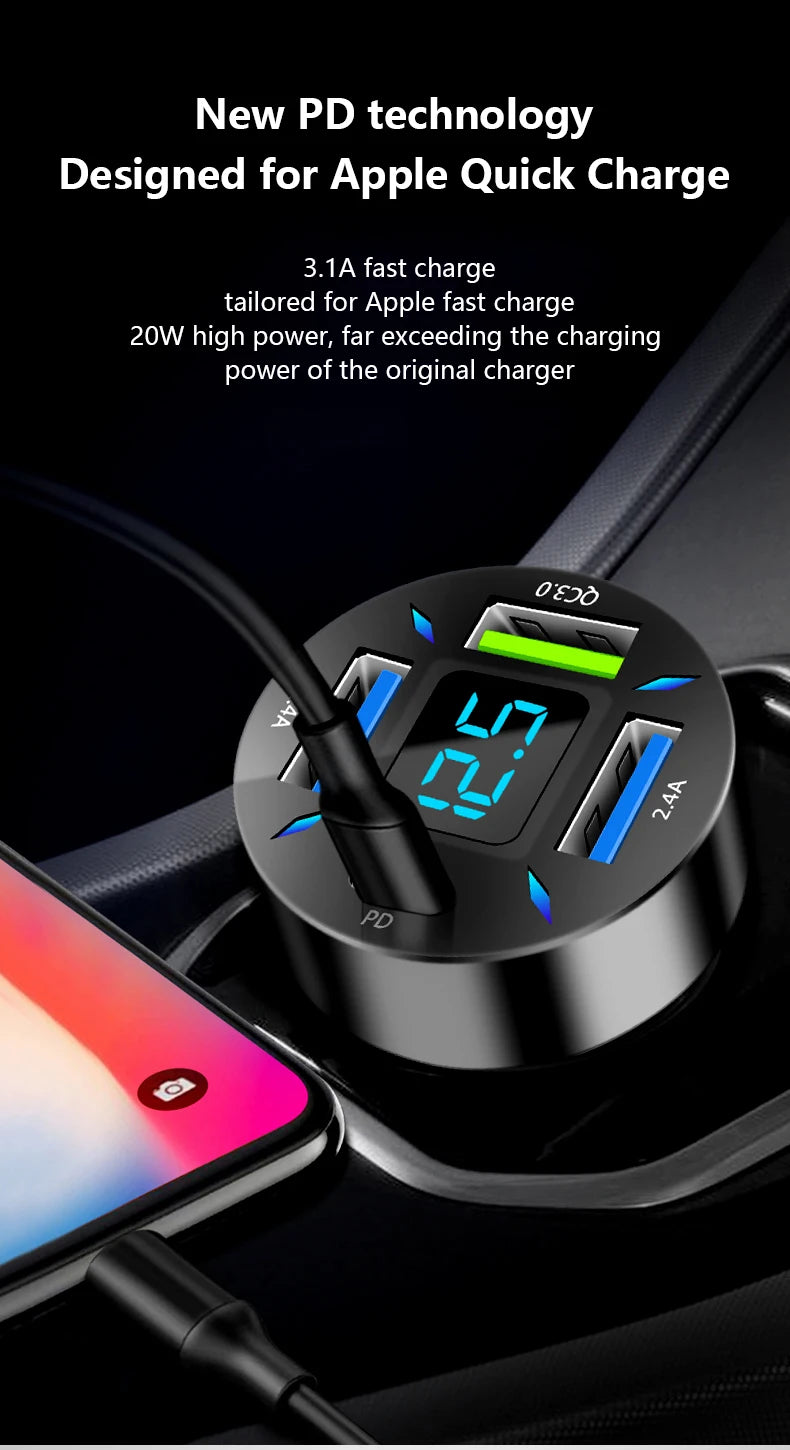 PD Quick Car Charger QC3.0 2.4A 4 Ports USB Fast Charging Car Adapter Cigarette Lighter Socket Splitter For iPhone Xiaomi