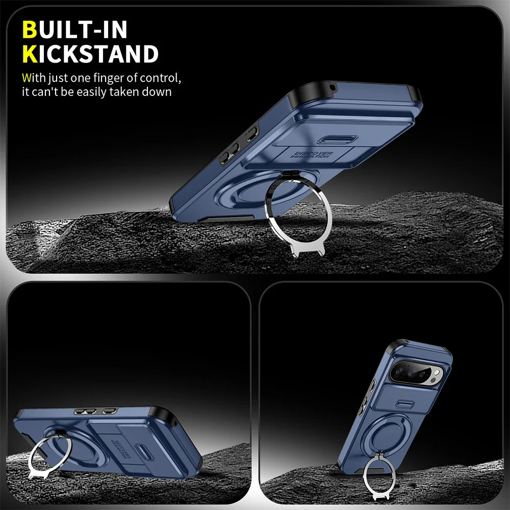 Heavy Duty Rugged Phone Case for Google Pixel 10 9 Pro XL 7 8 9 10 Pro 8A 9A Cases with Sliding Lens Cover Ring Kickstand Funda