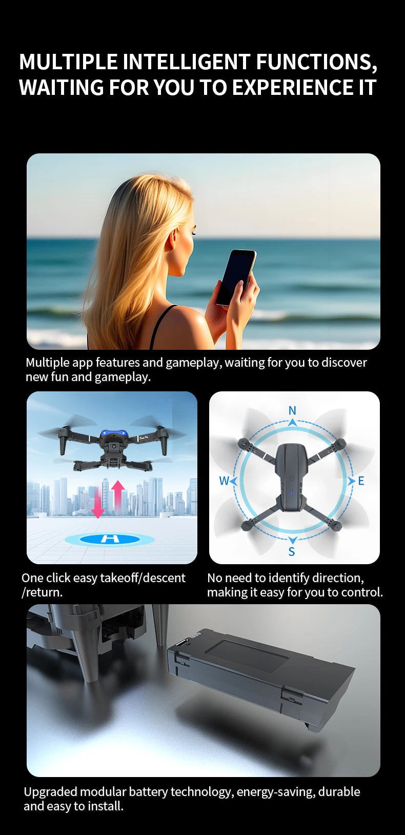 ZNLYRION RC Drone 4K Dual Camera E99 PRO Optical Flow Obstacle Avoidance Foldable FPV Quadcopter Toy for Beginners