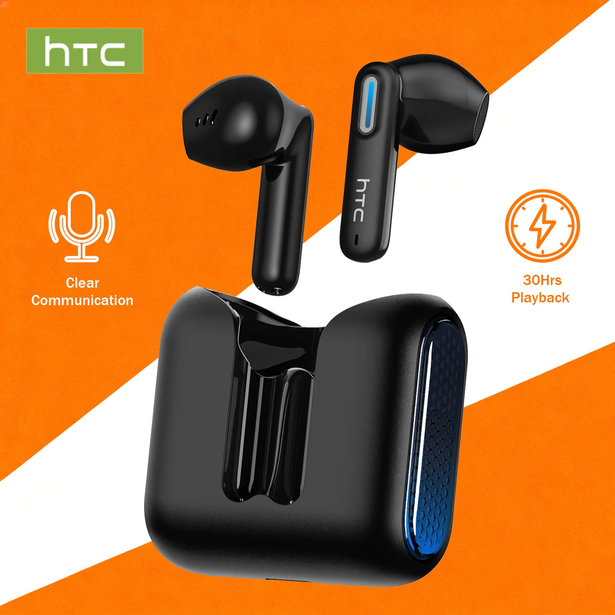 HTC Wireless Bluetooth Earphones Low Latency Gaming Headphones USB-C 30Hrs Playback Comfortable Earbuds With Noise Canceling Mic